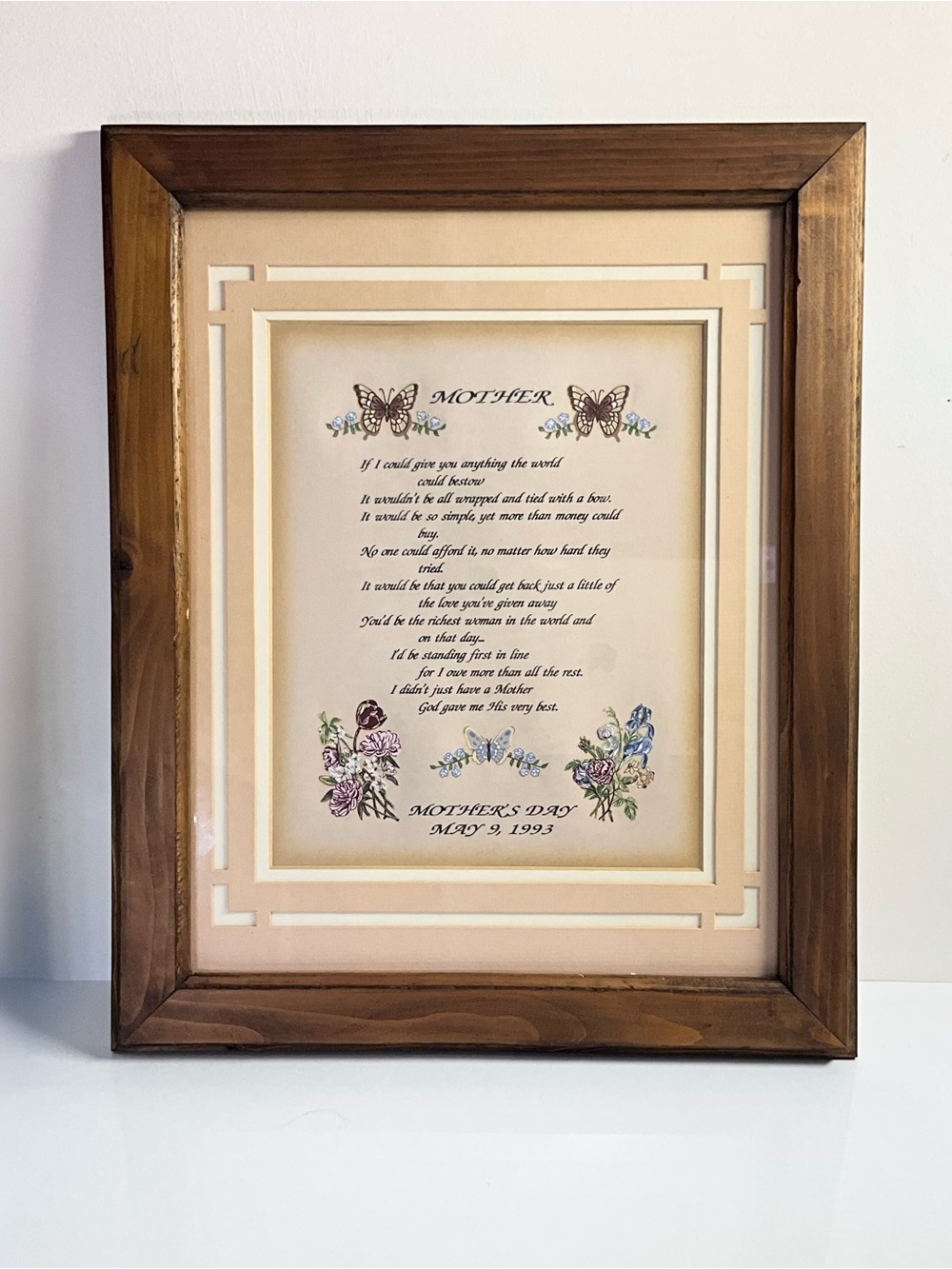 Framed Mother's Day Poem Wall Art - Wood Frame, Floral & Butterfly Design